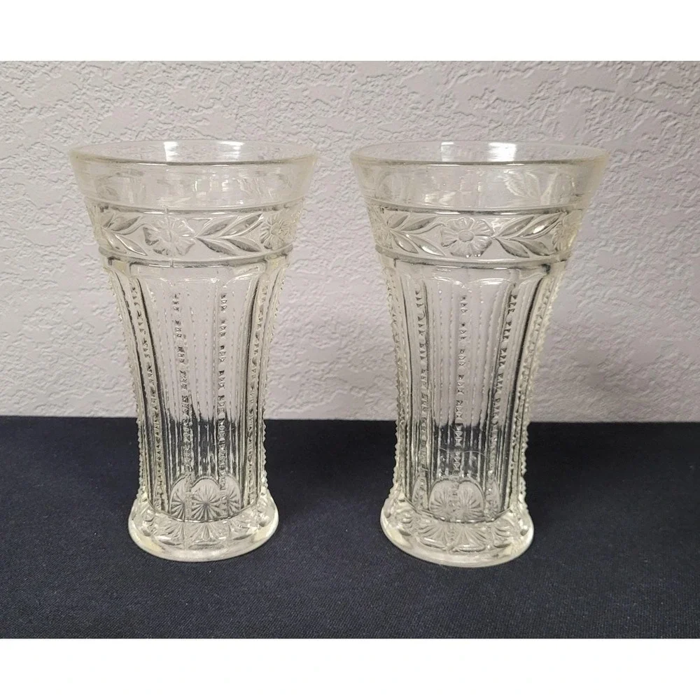 Vintage 1950s Textured Pressed Glass Goblet Style Vase 6-7 inch Tall (Lot of 2)